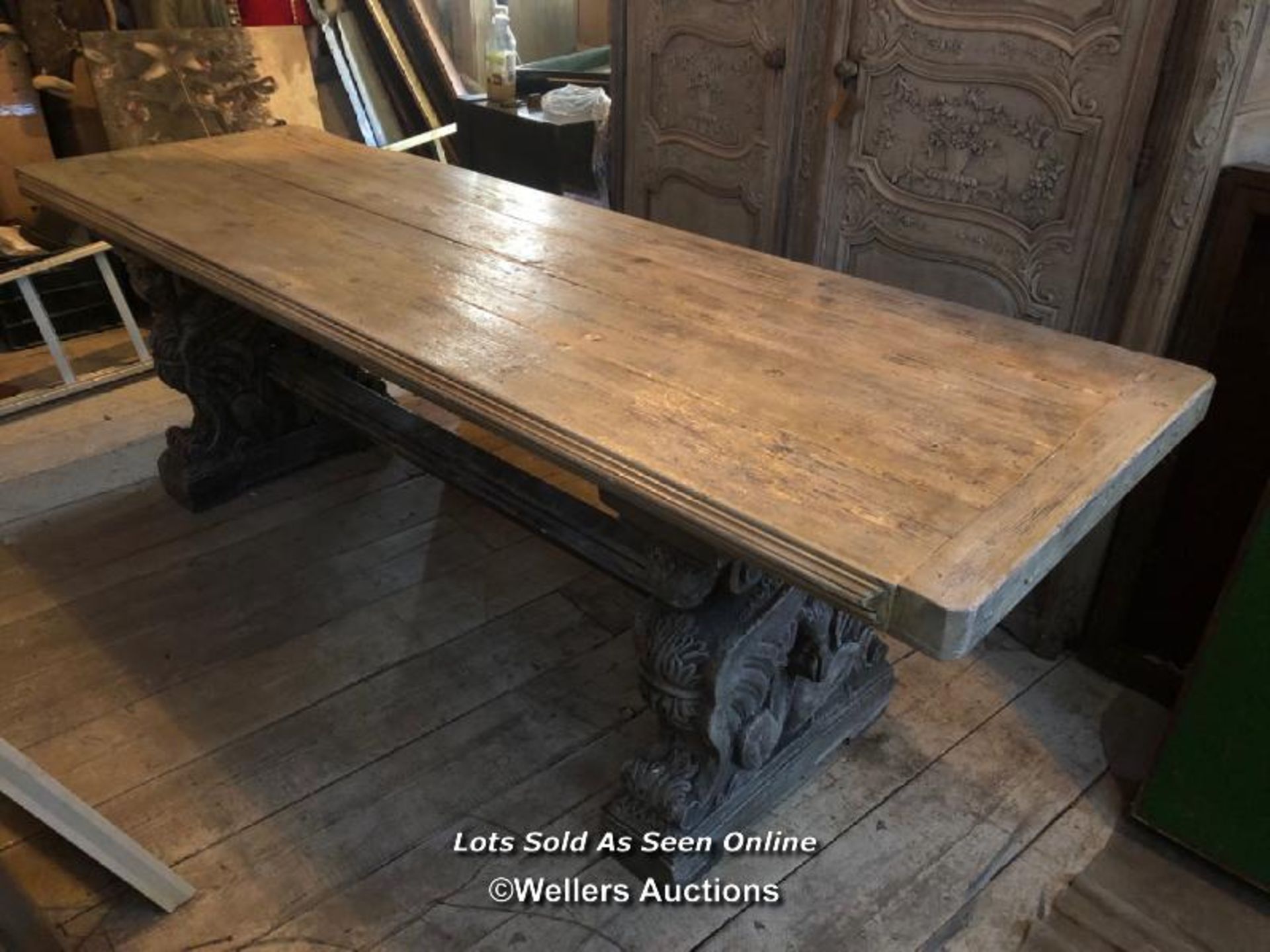 BLEACHED RED PINE TOPPED REFECTORY TABLE ON MAGNIFICENTLY CARVED COMPOSITION STONE BASE, 250 X 83