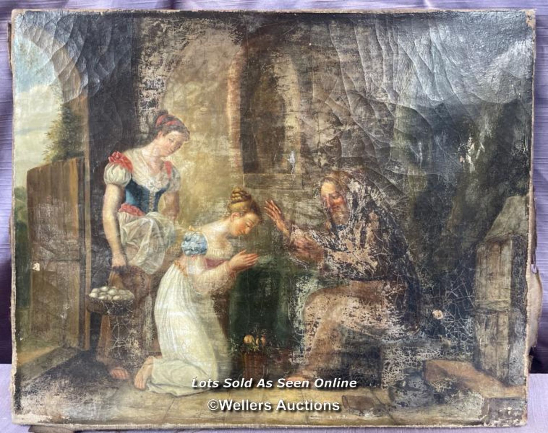 VERY OLD OIL ON CANVAS PAINTING OF A REGLIOUS SCENE, OLD MASTER, 40 X 32.5CM