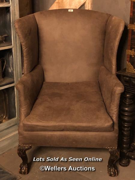 18TH CENTURY GEORGIAN WING BACK CHAIR ON BALL AND CLAW FEET, RECOVERED IN A LEATHER COMPOSITION,