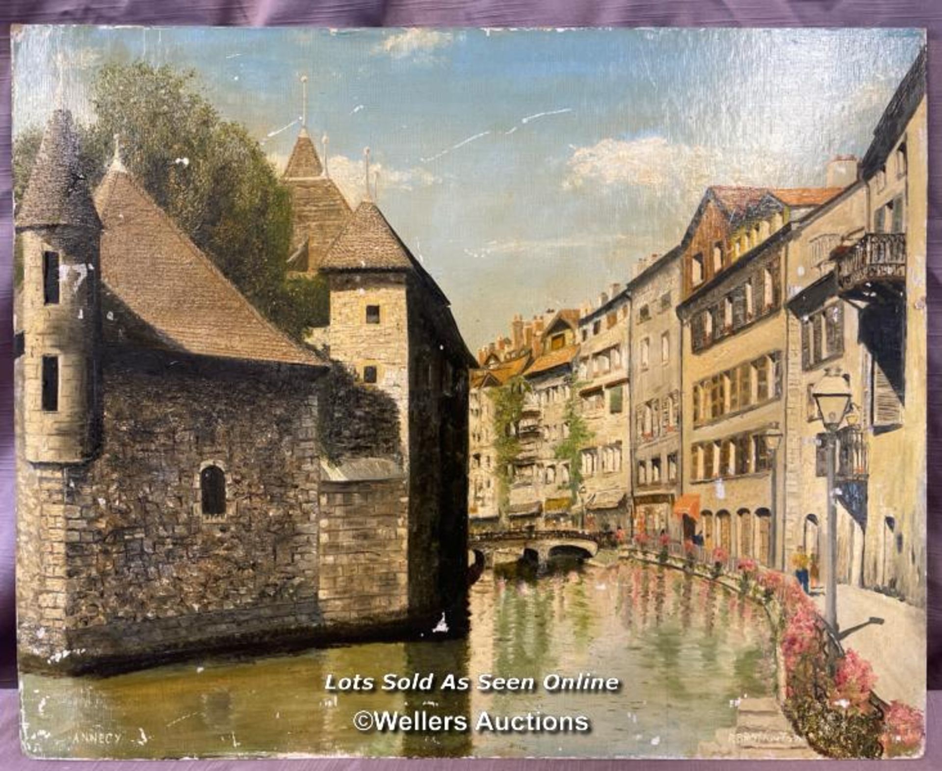 MID 20TH CENTURY OIL ON BOARD DEPICTING ANNECY OLD TOWN SIGNED BY R. BROTHERTON, 51 X 40.5CM