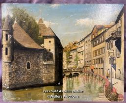 MID 20TH CENTURY OIL ON BOARD DEPICTING ANNECY OLD TOWN SIGNED BY R. BROTHERTON, 51 X 40.5CM