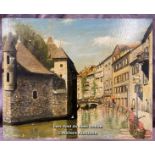MID 20TH CENTURY OIL ON BOARD DEPICTING ANNECY OLD TOWN SIGNED BY R. BROTHERTON, 51 X 40.5CM