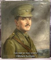OIL ON CANVAS PORTRAIT OF A WORLD WAR ONE SOLDIER, L. CAREY (1915), INDISTICT DESCRIPTIONS ON BACK
