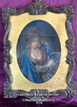 PASTEL ON PAPER PORTRAIT OF A LADY WITH A BASKET AND FLOWERS, IN A DECORATIVE CARVED WOODEN FRAME.