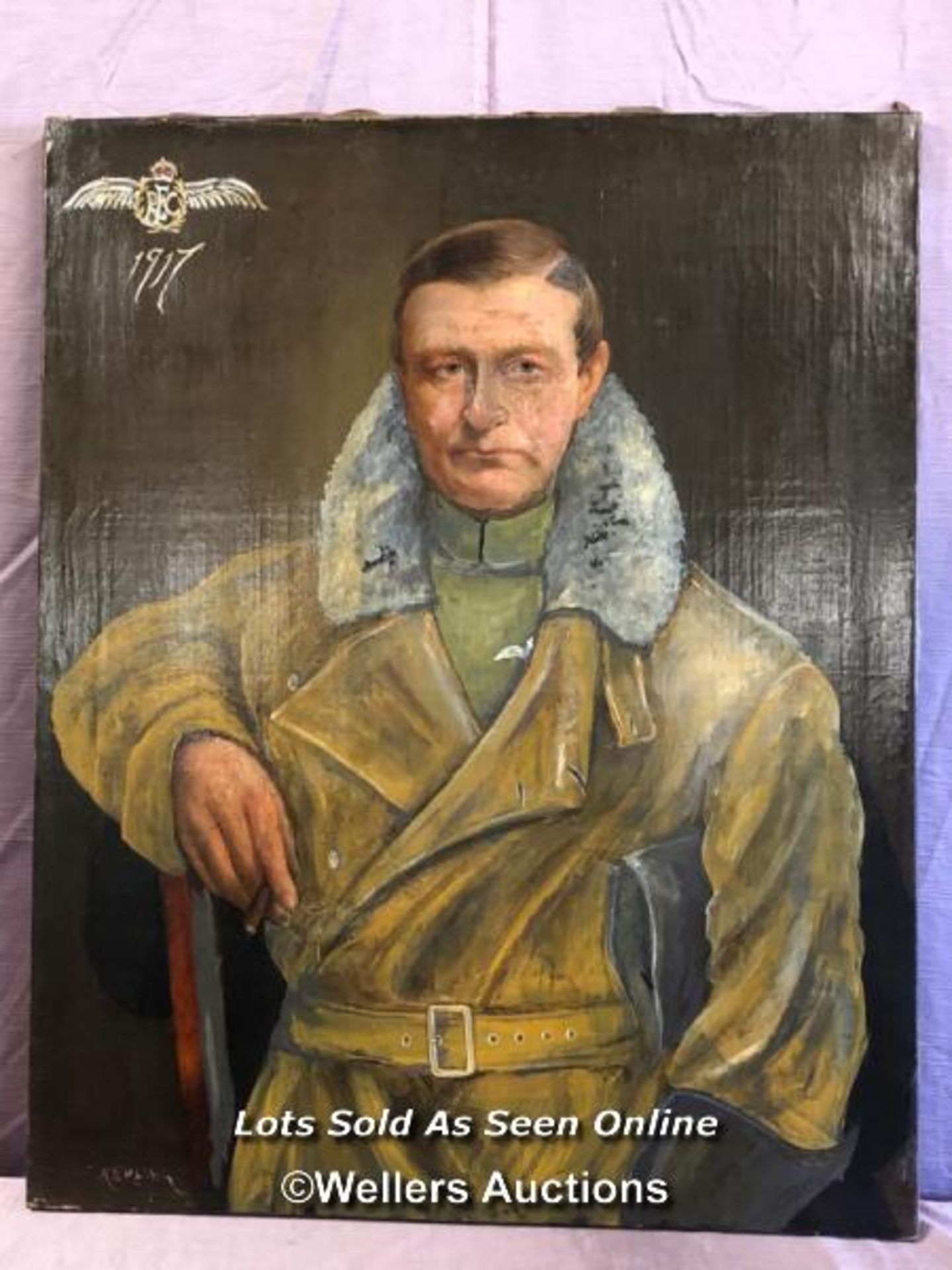 OIL ON CANVAS 1ST WORLD WAR STUDY OF ROYAL FLYING CORE PILOT, SIGNED E EMERILIER, REPAIRS TO THE