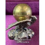 HALLMARKED WHITE METAL EAGLE WITH BRASS GLOBE INKWELL, HEIGHT 12CM, TOTAL WEIGHT 803GMS