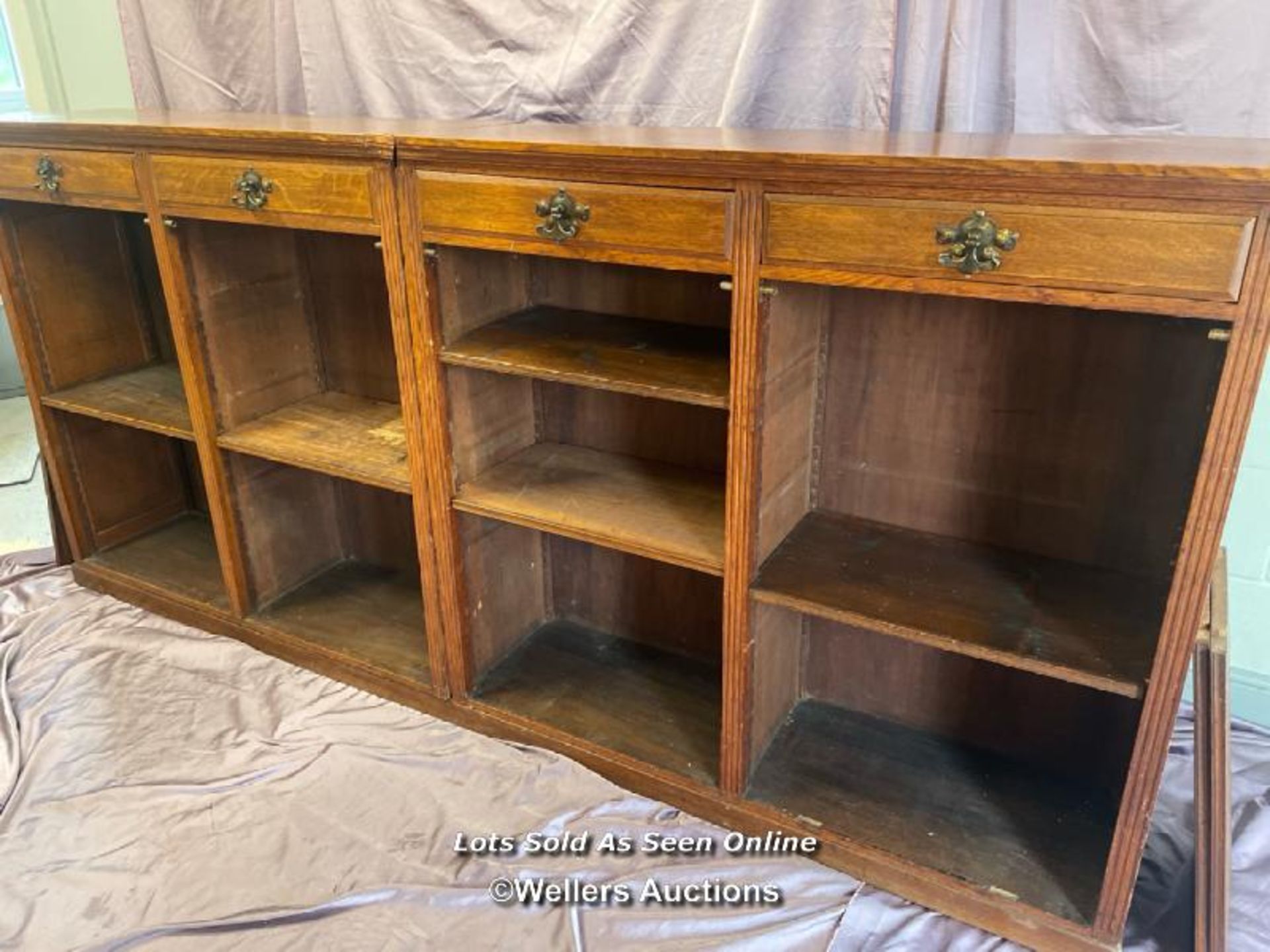 CIRCA 1900, LARGE WOODEN BOOKCASE IN TWO PARTS, WITH FOUR DRAWERS AND EIGHT ADJUSTABLE SHELVES, - Image 2 of 6