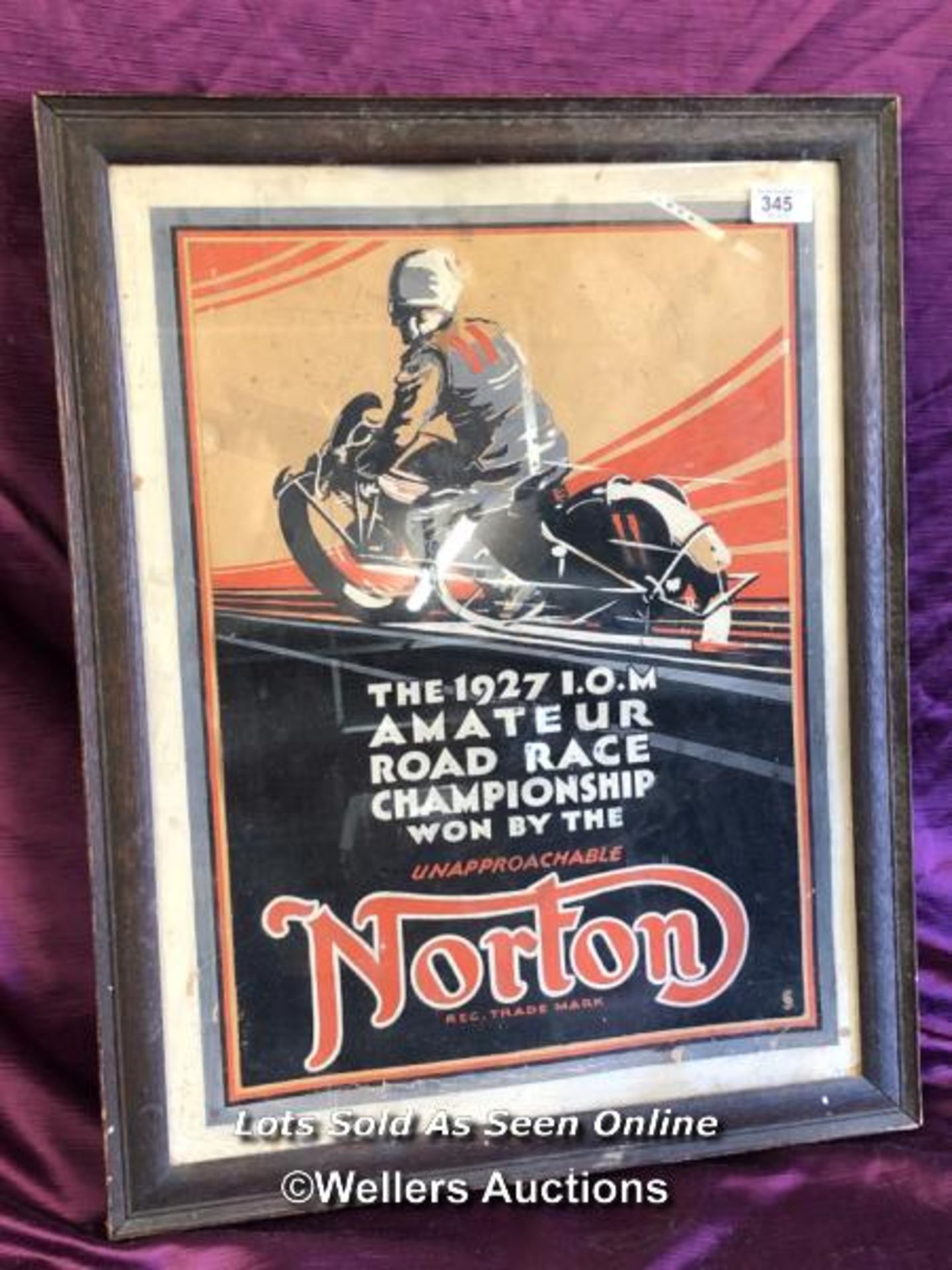 FRAMED AND GLAZED HAND FINISHED POSTER FOR NORTON MOTORBIKES - THE 1927 I.O.M. AMATEUR ROAD RACE