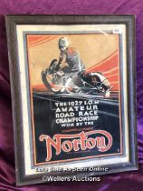 FRAMED AND GLAZED HAND FINISHED POSTER FOR NORTON MOTORBIKES - THE 1927 I.O.M. AMATEUR ROAD RACE