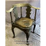 18TH CENTURY CORNER CHAIR, WITH SHELL MOTIF ON CABRIOLE LEGS, ORIGINAL LEATHER PADDED SEAT (IN