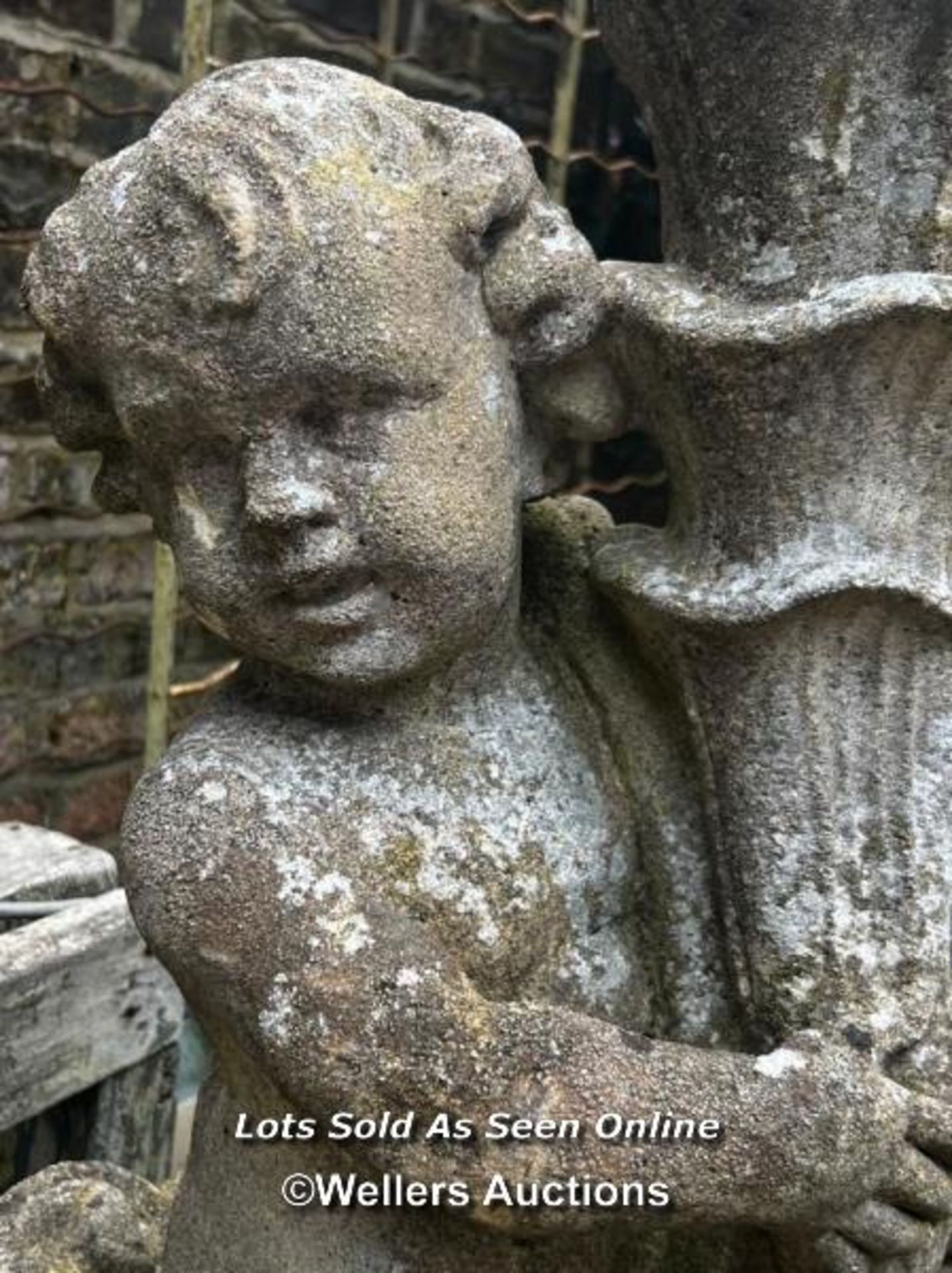 COMPOSITION STONE CHERUB SUPPORTING CORNUCOPIA, PREVIOUSLY ILLUMINATED, THIS LOT IS LOCATED AWAY - Image 2 of 3