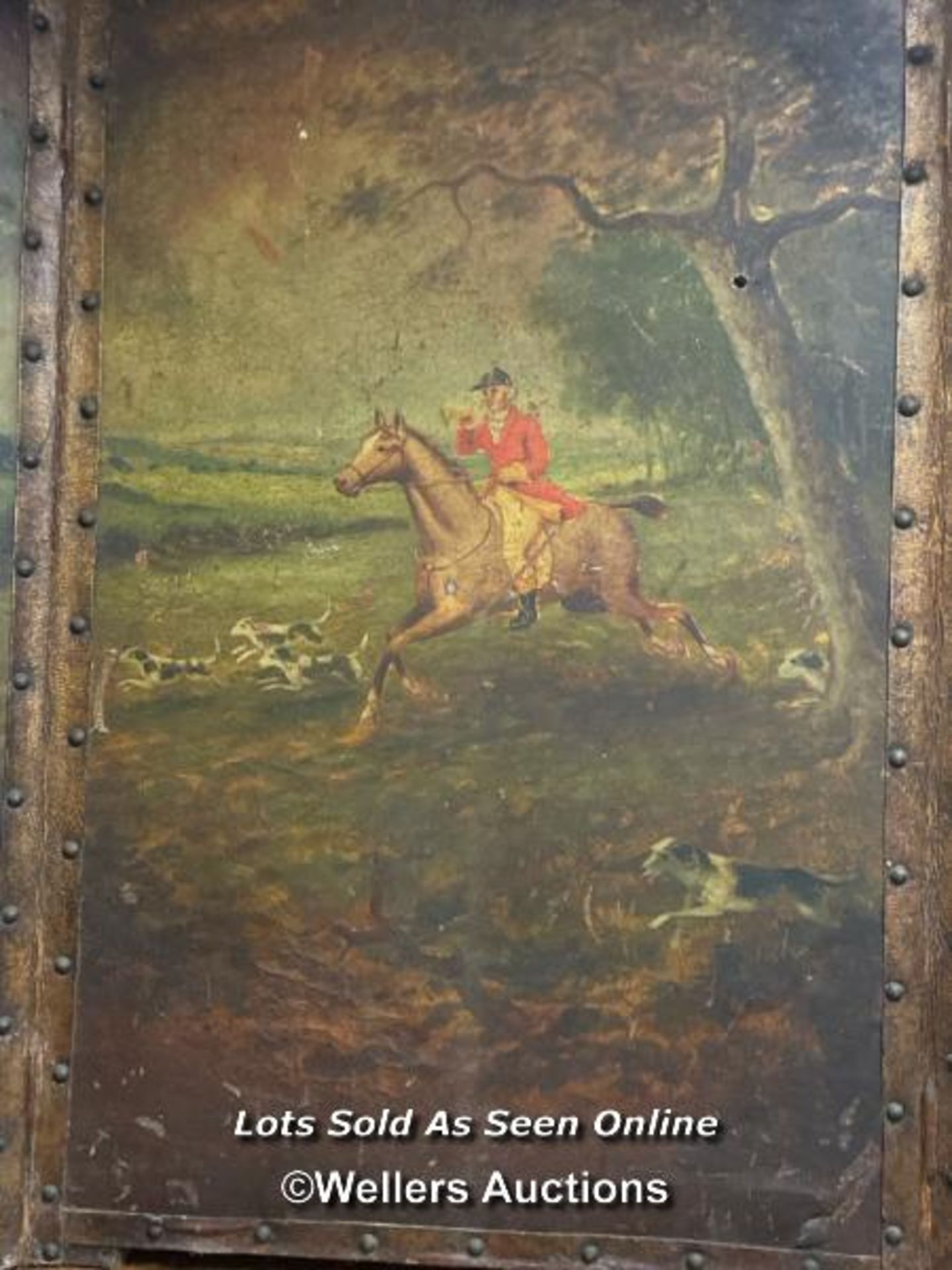 CIRCA 1910, LEATHER HAND PAINTED HUNTING SCENE, TRIFOLD FIRE SCREEN, WIDTH 91CM (FULL EXTENSION) X - Image 2 of 3