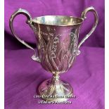SMALL HALLMARKED SILVER TWO HANDLED DECORATIVE GOBLET, HEIGHT 13.5CM, WEIGHT 172GMS