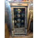 FRENCH EMPIRE 1810/1820 GLAZED VITRINE IN OLD PAINT AND BRONZE VERDIGRIS MOUNTS, ADJUSTABLE SHELVES,