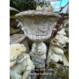 PAIR OF COMPOSITION STONE URN PLANTERS ON ASSOCIATED PLINTHS. THIS LOT IS LOCATED AWAY FROM THE