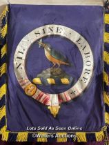 HAND PAINTED SILK BANNER DEPICTING A KINGFISHER, NIL SINE LABORE, 41 X 55CM