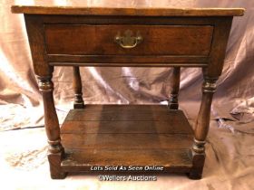 SMALL OAK OCCASIONAL TABLE WITH ONE DRAWER ON TURNED LEG SUPPORTS, 58 X 47 X 58CM