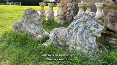 PAIR OF COMPOSITION RECUMBENT LION STATUES, WEATHERED, 70 X 30 X 50CM