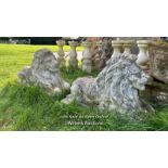 PAIR OF COMPOSITION RECUMBENT LION STATUES, WEATHERED, 70 X 30 X 50CM