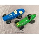 TWO MODEL CARS INCLUDING BLUE RACING CAR FOR SCALEXTRIC AND GREEN RACING CAR FRAME ONLY (AS FOUND)