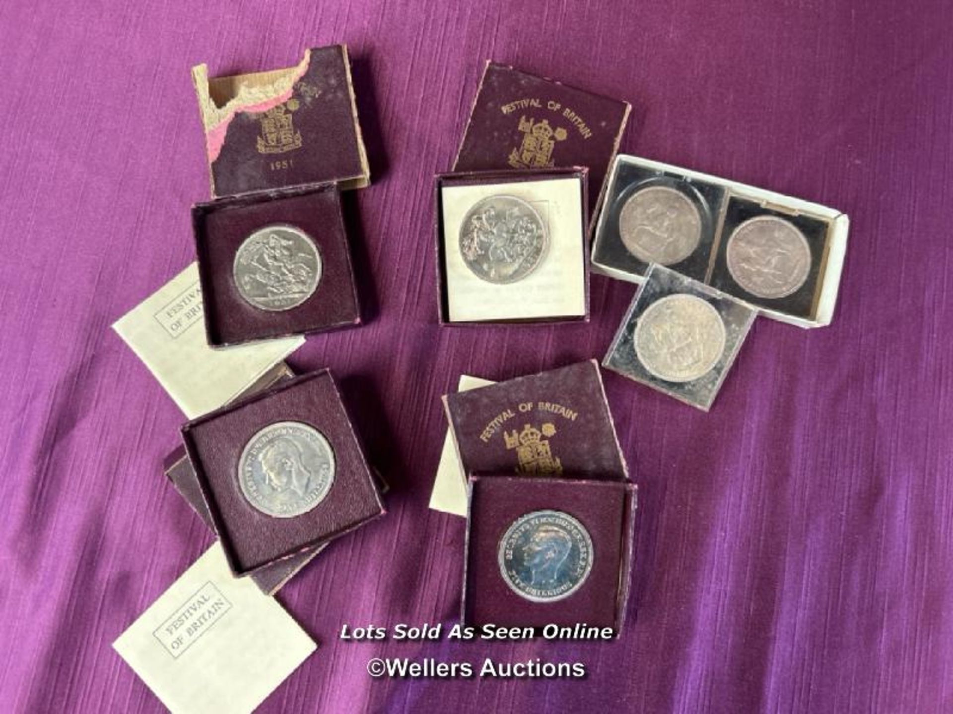 FOUR FESTIVAL OF BRITAIN 1951 COINS AND THREE QUEEN ELIZABETH FIVE SHILLING COINS