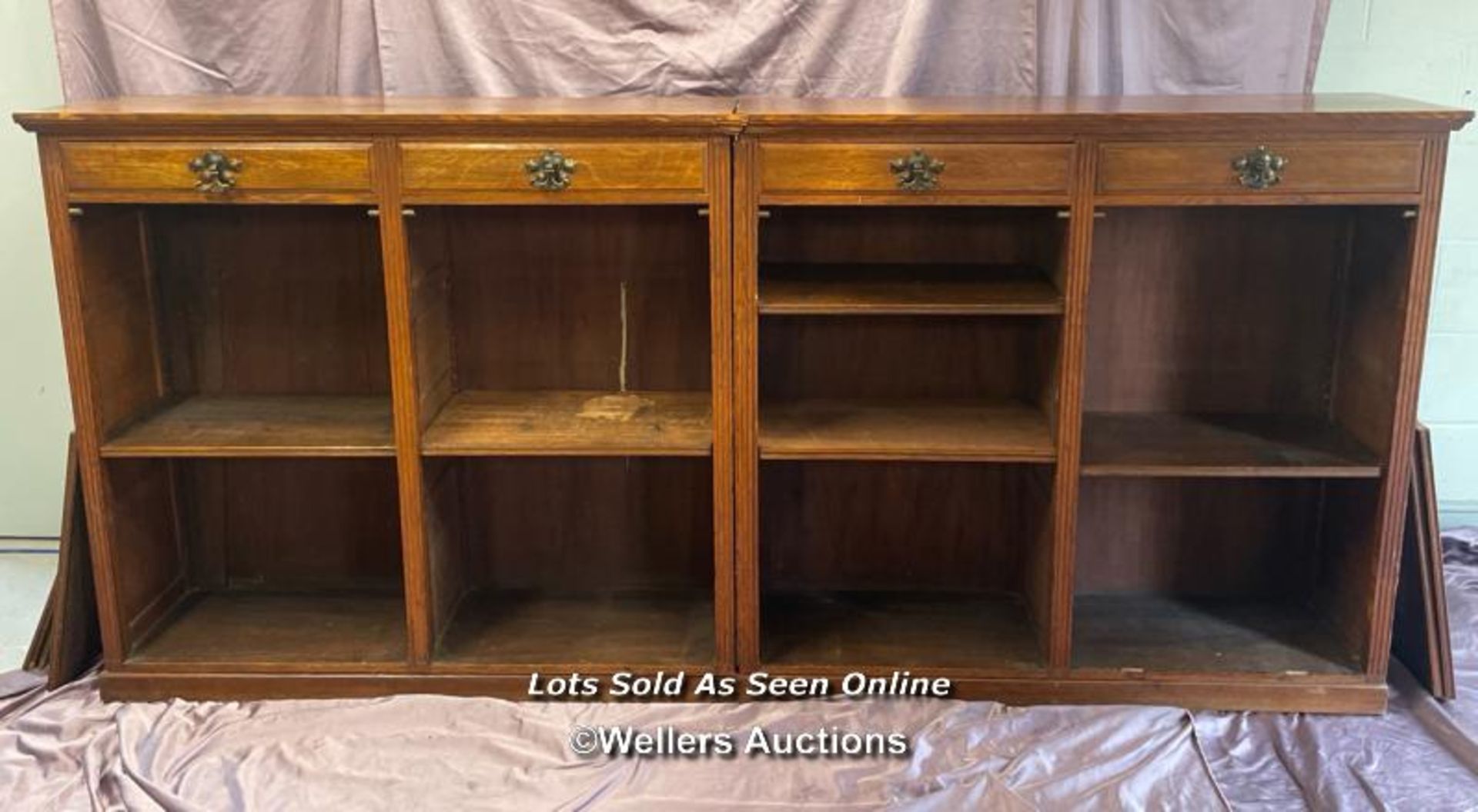 CIRCA 1900, LARGE WOODEN BOOKCASE IN TWO PARTS, WITH FOUR DRAWERS AND EIGHT ADJUSTABLE SHELVES, - Image 5 of 6