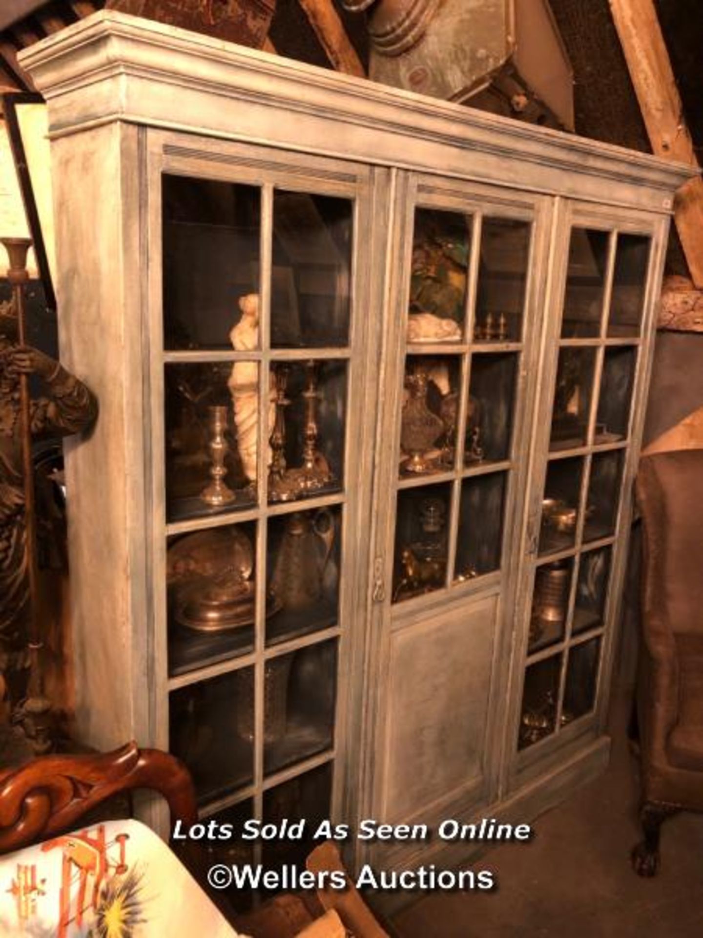 CIRCA 1900 THREE DOOR GLAZED BOOKCASE, ANTIQUE PAINT FINISH, FOUR GLASS PANELS MISSING, 185 X 32 X - Image 3 of 4