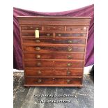 19TH CENTURY BANK OF ELEVEN GRADUATED DRAWERS IN FLAME MAHOGANY WITH ORIGINAL HANDLES AND