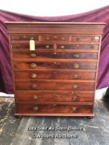 19TH CENTURY BANK OF ELEVEN GRADUATED DRAWERS IN FLAME MAHOGANY WITH ORIGINAL HANDLES AND