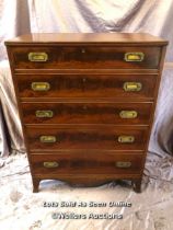 19TH CENTURY FLAMED MAHOGANY CAMPAIGN CHEST WITH FIVE DRAWERS, ON SPLAYED FEET, 87 X 43.5 X 117CM