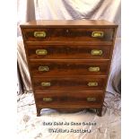 19TH CENTURY FLAMED MAHOGANY CAMPAIGN CHEST WITH FIVE DRAWERS, ON SPLAYED FEET, 87 X 43.5 X 117CM