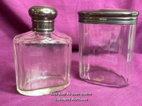 TWO HALLMARKED SILVER TOPPED AND CUT GLASS BEVELLED JARS, TALLEST 9CM, TOTAL SILVER WEIGHT 44GMS