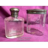 TWO HALLMARKED SILVER TOPPED AND CUT GLASS BEVELLED JARS, TALLEST 9CM, TOTAL SILVER WEIGHT 44GMS