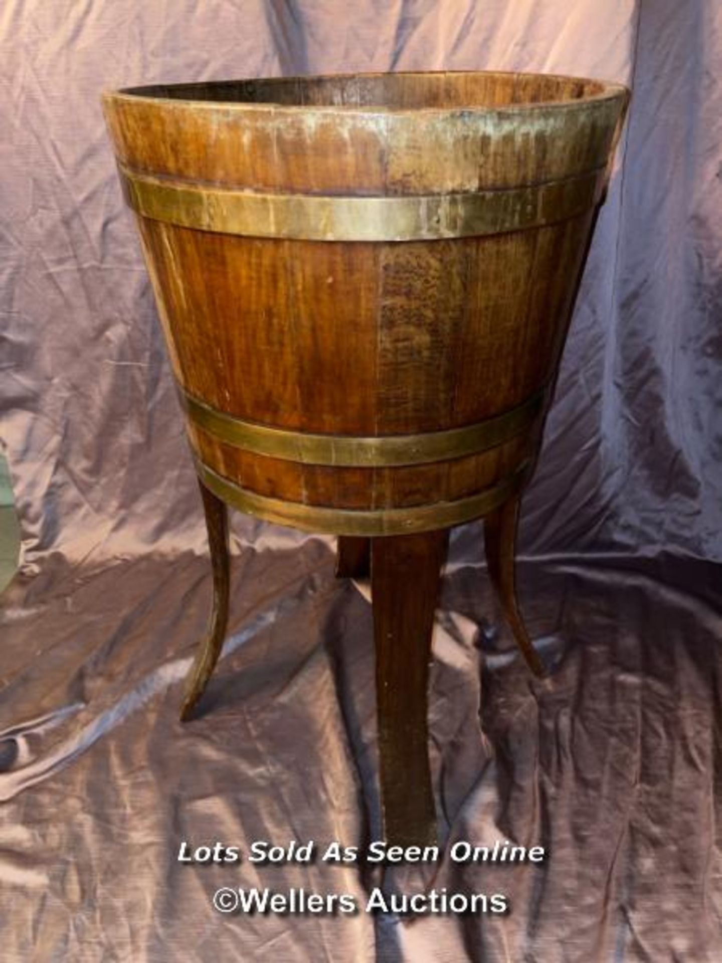 19TH CENTURY BRASS BOUND CELLARETTE, DIAMETER 46CM X HEIGHT 79CM