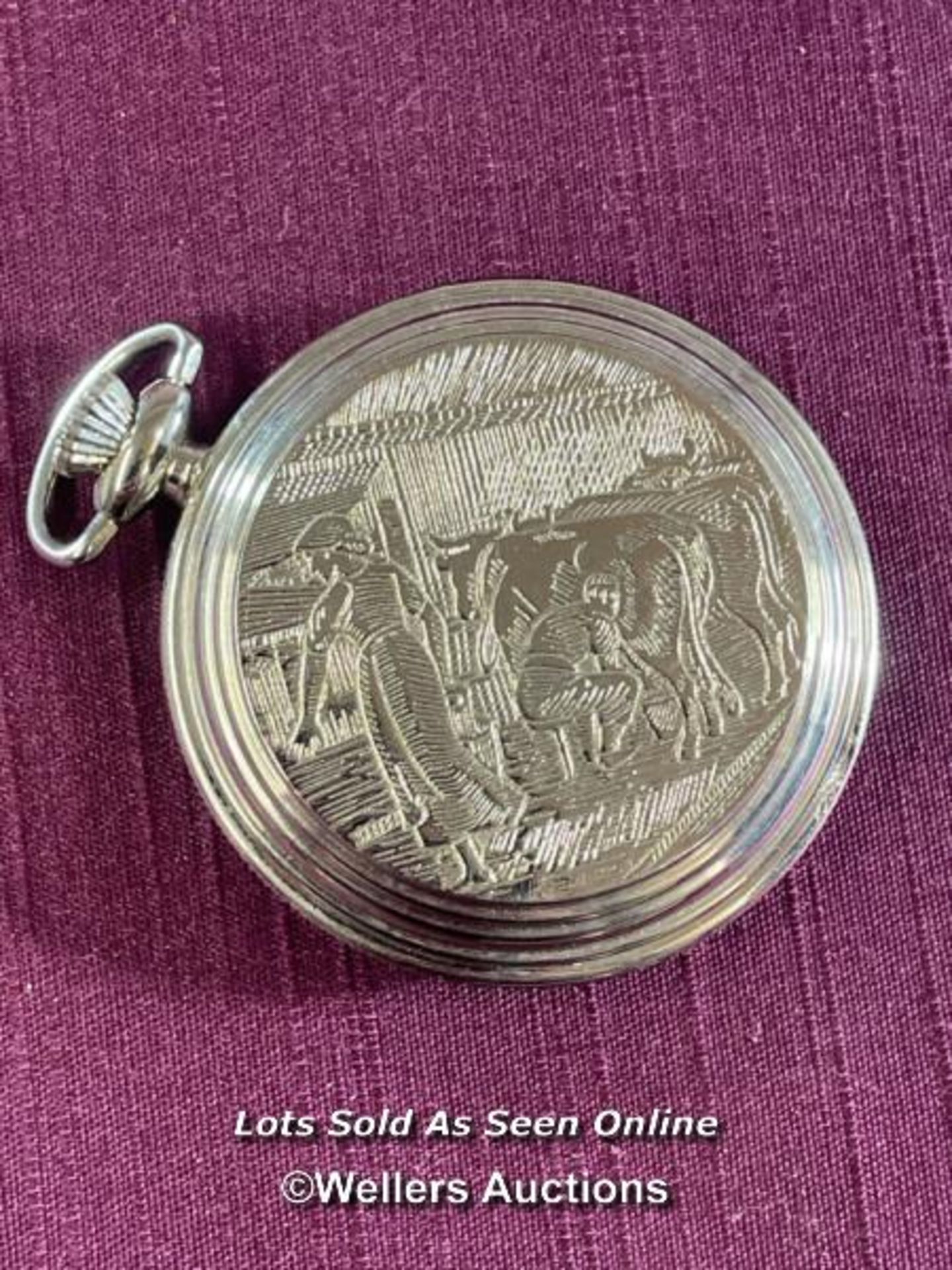 CARVEL TRAVEL WATCH, DEPICTING FARMER MILKING THE COW, HALLMARKED CASE - Image 4 of 6