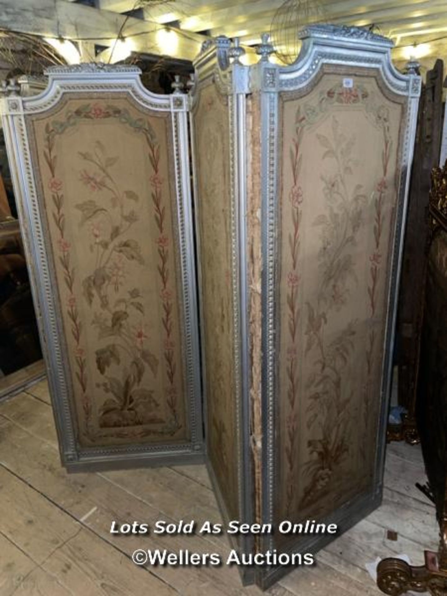 19TH CENTURY LOUIS XVI FOUR PANEL SCREEN WITH SILVERED PAINT FINISH AND ORIGINAL NEEDLEWORK - Image 3 of 5