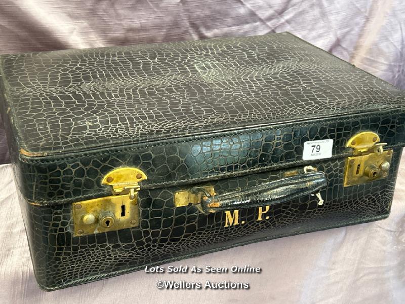 VINTAGE CROCODILE SKIN PICNIC HAMPER, WITH INITIALS M.P. 46 X 16 X 34CM