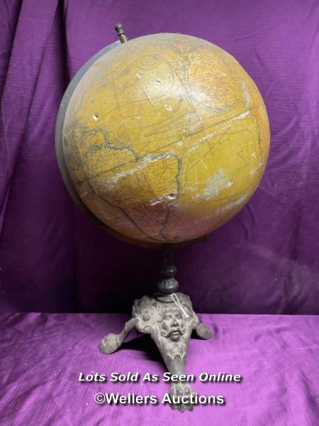 18TH / EARLY 19TH CENTURY GLOBE ON ORNATE CAST IRON STAND, GLOBE IN NEED OF EXTENSIVE RESTORATION,