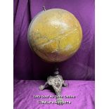 18TH / EARLY 19TH CENTURY GLOBE ON ORNATE CAST IRON STAND, GLOBE IN NEED OF EXTENSIVE RESTORATION,