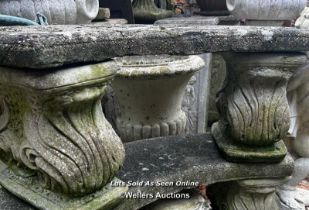 WELL WEATHERED COMPOSITION STONE CURVED BENCH, THIS LOT IS LOCATED AWAY FROM THE AUCTION SITE, TO