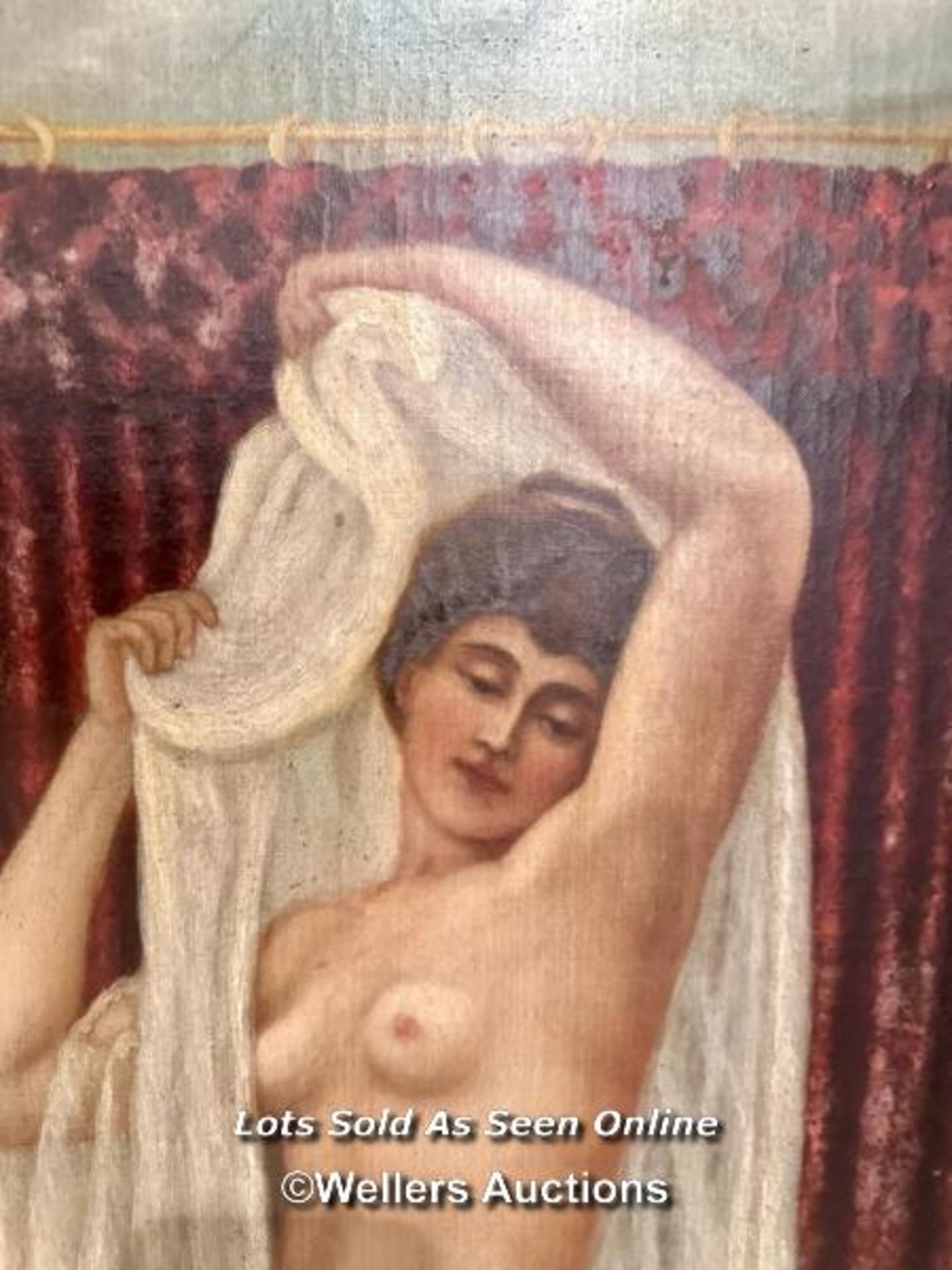 LARGE 19TH CENTURY OIL ON CANVAS DEPICTING A CLASSICAL BATHING NUDE, 49 X 143CM