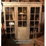 CIRCA 1900 THREE DOOR GLAZED BOOKCASE, ANTIQUE PAINT FINISH, FOUR GLASS PANELS MISSING, 185 X 32 X