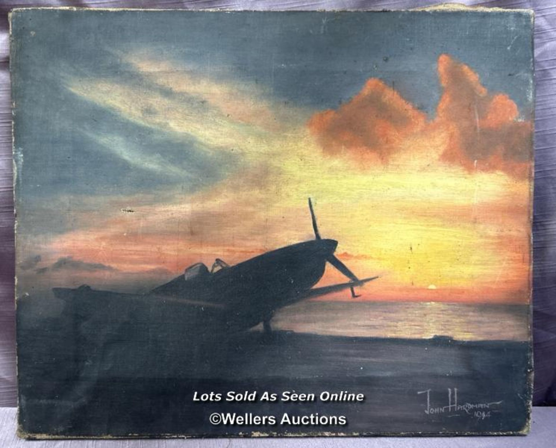 OIL ON CANVAS DEPICTING SILHOUETTE OF SPITFIRE, BY JOHN HARDMAN IN 1944 (L.A.C 1297151), 30.5 X 37CM