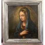 19TH CENTURY FRAMED OIL ON CANVAS MOUNTED ON BOARD RELIGIOUS PORTRAIT OF MADONNA, UNSIGNED, 54 X