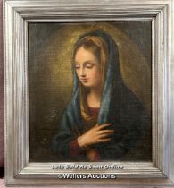 19TH CENTURY FRAMED OIL ON CANVAS MOUNTED ON BOARD RELIGIOUS PORTRAIT OF MADONNA, UNSIGNED, 54 X