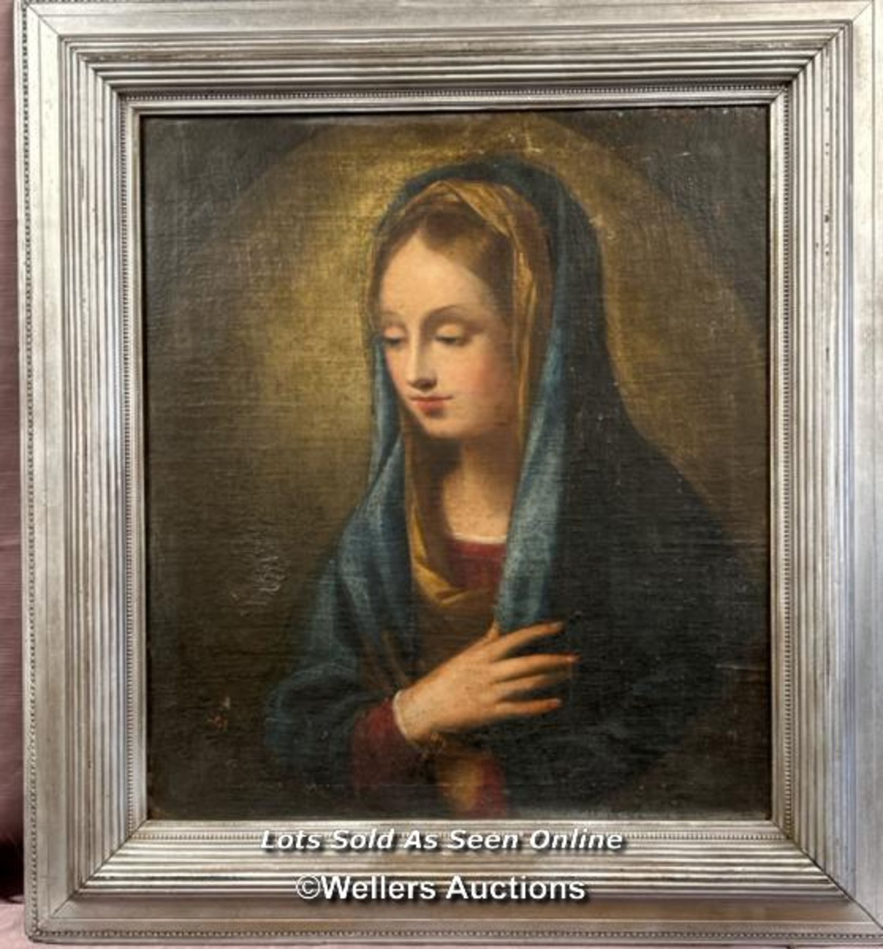 19TH CENTURY FRAMED OIL ON CANVAS MOUNTED ON BOARD RELIGIOUS PORTRAIT OF MADONNA, UNSIGNED, 54 X