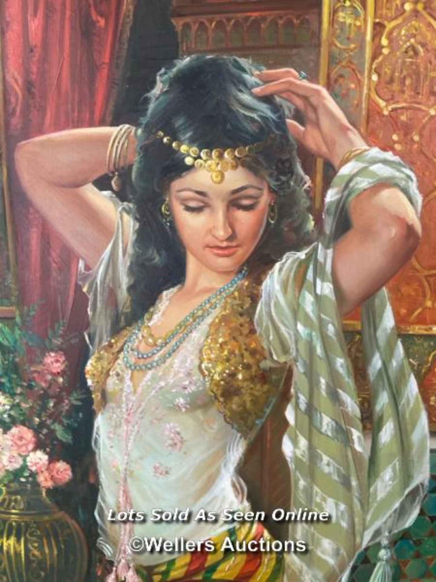 OIL ON CANVAS PAINTING OF AN ARABIAN LADY, BY MORAL, IN A DECORATIVE GILT FRAME, 47 X 60CM - Image 2 of 4