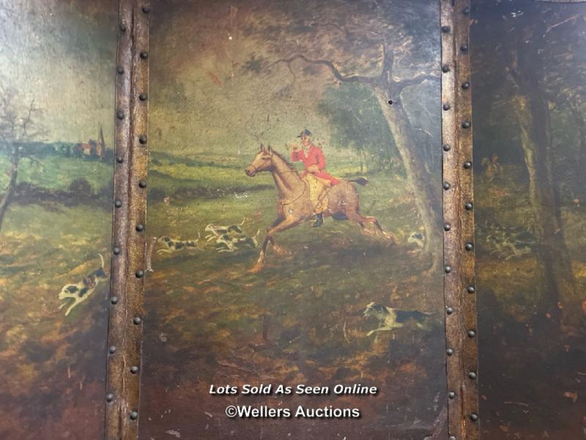 CIRCA 1910, LEATHER HAND PAINTED HUNTING SCENE, TRIFOLD FIRE SCREEN, WIDTH 91CM (FULL EXTENSION) X - Bild 3 aus 3