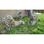 PAIR OF COMPOSITION RECUMBENT LION STATUES, WEATHERED, 70 X 30 X 50CM