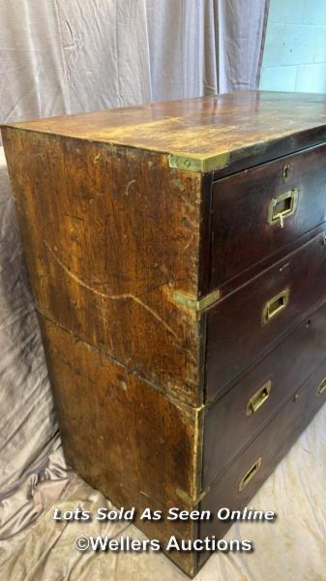 19TH CENTURY TEAK AND MAHOGANY MILITARY CAMPAIGN CHEST (IN TWO PARTS), BISECTED FOR TRANSPORT WITH - Image 2 of 5